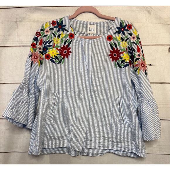 Luii Seersucker Lightweight Jacket Floral Emb. Size LG - Picture 1 of 10